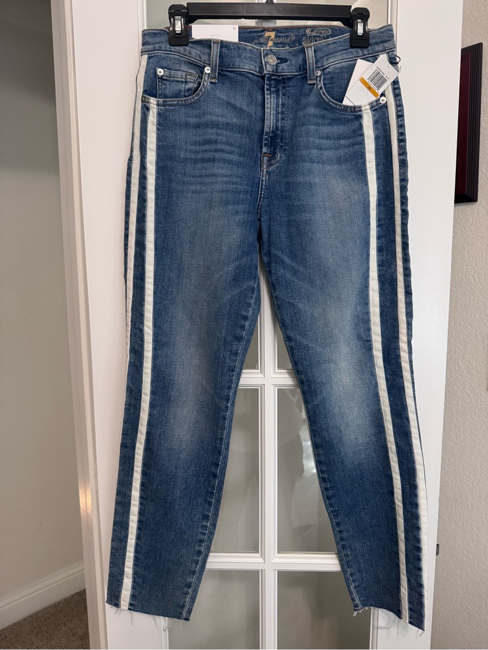 7 For All Mankind Blue Denim Ankle Jeans with White Side Stripes
